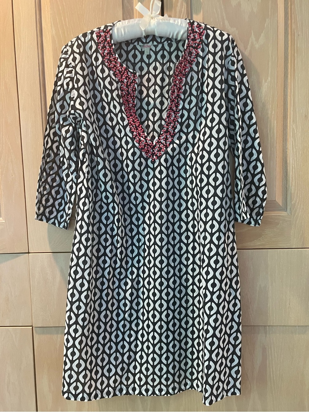 Echo Black and White Geometric Swim Coverup with Red Beading